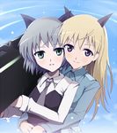  animal_ears blonde_hair cat_ears eila_ilmatar_juutilainen green_eyes hug kasai_shin multiple_girls necktie purple_eyes sanya_v_litvyak silver_hair strike_witches world_witches_series 