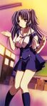  absurdres blue_hair clannad hair_bobbles hair_ornament highres hikarizaka_private_high_school_uniform ichinose_kotomi kneehighs long_hair long_image non-web_source official_art poster purple_eyes purple_hair school_uniform serafuku socks solo stick_poster tall_image two_side_up 