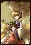  animal_ears blonde_hair brown_hair cat_ears chen fox_ears fox_tail hat long_sleeves multiple_girls multiple_tails no_hat no_headwear puffy_short_sleeves puffy_sleeves rain sasakura_koneri short_hair short_sleeves tail touhou wide_sleeves yakumo_ran 