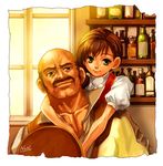  1girl apron bald bar bottle brown_hair cardwirth facial_hair green_eyes height_difference hug hug_from_behind indoors kyuujou_non looking_at_viewer mustache puffy_short_sleeves puffy_sleeves short_sleeves tray waist_apron waitress 