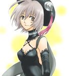  .hack//g.u. .hack//roots 1girl breasts cape choker cleavage detached_sleeves facial_mark hat shino_(.hack//) shio_kirrameru short_hair silver_eyes silver_hair small_breasts smile solo 