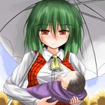  ascot baby bangs blue_sky blush breast_grab breasts day embarrassed flower grabbing green_hair kazami_yuuka large_breasts motherly nose_blush parasol plaid plaid_vest red_eyes short_hair sky solo_focus sunflower sweatdrop touhou tsuzuri_(tuzuri) umbrella upper_body vest 