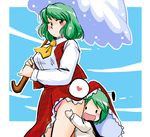  2girls :d antennae ascot azuki_osamitsu blush chibi green_hair head_on_butt heart kazami_yuuka multiple_girls open_mouth panties parasol pink_panties plaid plaid_skirt plaid_vest red_eyes short_hair skirt skirt_lift skirt_set smile spoken_heart touhou umbrella underwear vest wriggle_nightbug 