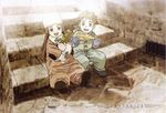  1girl artist_request brown child claus_valca couple happy hat hetero highres last_exile lavie_head long_hair official_art sepia sitting sitting_on_stairs smile stairs vanship 