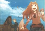  1girl animal_ears apple ayakura_juu cart cloud craft_lawrence day food fruit highres holo horse jacket long_hair pouch sky spice_and_wolf tail wolf_tail 