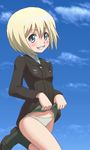  awa blonde_hair blue_eyes blue_sky blush day erica_hartmann grin long_sleeves looking_at_viewer lowres oekaki panties shirt_lift short_hair skirt skirt_lift sky smile solo strike_witches tareme teeth underwear white_panties world_witches_series 