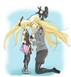  alternate_costume bardiche blonde_hair closed_eyes dual_persona face-to-face fate_testarossa forehead-to-forehead from_side full_body height_difference kneeling lyrical_nanoha mahou_shoujo_lyrical_nanoha mahou_shoujo_lyrical_nanoha_strikers military military_uniform multiple_girls pantyhose sketch time_paradox tsab_executive_military_uniform uniform 