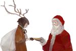  1girl androgynous antlers banned_artist beard brown_hair christmas coat earrings envelope facial_hair fingerless_gloves glasses gloves hat holly_earrings jewelry kumaori_jun sack santa_claus santa_hat short_hair 