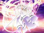  albino armpits barefoot detached_sleeves dress feet game_cg kannagi_rei kasuga_karin long_hair polearm princess_witches red_eyes solo very_long_hair weapon white_hair 