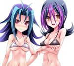  2girls bikini blue_hair blush breasts character_request droite_(yuu-gi-ou_zexal) kamishiro_rio long_hair multicolored_hair multiple_girls purple_hair red_eyes swimsuit yellow_eyes yu-gi-oh! yuu-gi-ou_zexal 