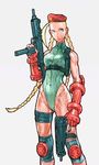  90s antenna_hair beret blonde_hair blue_eyes braid cammy_white dual_wielding fingerless_gloves gloves green_leotard gun gunspike hat holding imi_uzi knee_pads leotard long_hair machine_pistol nishimura_kinu official_art skorpion_vz._61 solo street_fighter submachine_gun trigger_discipline twin_braids weapon 