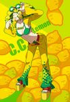  bad_id bad_pixiv_id bellbottoms belt bikini_top blonde_hair c.c._lemon c.c._lemon_(character) food freckles fruit goggles goggles_on_head leaning_forward lemon long_hair mibu_hajime mouth_hold nail_polish personification platform_footwear sandals solo toenail_polish yellow_eyes 