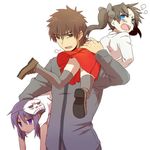  2girls blue_eyes brown_eyes brown_hair carrying carrying_over_shoulder carrying_under_arm child_assassin_(fate/zero) fate/zero fate_(series) kotomine_kirei long_hair mask multiple_girls purple_eyes purple_hair ruchi short_hair toosaka_rin twintails younger 