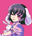  :p animal_ears black_hair bunny bunny_ears hug inaba_tewi mana_(tsurubeji) one_eye_closed red_eyes short_hair simple_background smile solo tongue tongue_out touhou 