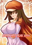  2013 breast_hold breasts hat jacket large_breasts monogatari_(series) new_year osafune_(pumpkinfreaks) sengoku_nadeko solo 