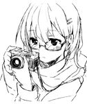  aiming bad_id bad_pixiv_id blush camera glasses greyscale hair_ornament hairclip long_hair monochrome original scarf short_hair sketch skirt solo taneda_yuuta 