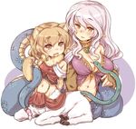  7010 :d animal_ears blonde_hair blush breasts centauroid chimera cleavage echidna_(mythology) fang jewelry lamia large_breasts lavender_hair long_hair monster_girl multiple_girls navel open_mouth original pointy_ears red_eyes short_hair smile snake snake_tail tail yellow_eyes 