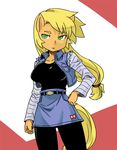  android_18 android_18_(cosplay) animal_ears applejack belt big_hair black_legwear blonde_hair breasts cosplay cowboy_shot dragon_ball dragon_ball_z freckles green_eyes hand_on_hip horse_ears horse_girl horse_tail jitome large_breasts long_hair long_sleeves low-tied_long_hair miniskirt my_little_pony my_little_pony_friendship_is_magic no_hat no_headwear open_clothes open_vest orange_skin pantyhose personification ponytail raglan_sleeves shepherd0821 skirt solo tail vest 