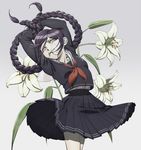  bad_id bad_pixiv_id bdsm black_hair bondage bound braid danganronpa danganronpa_1 eyewear_slip flower fukawa_touko glasses hair_bondage long_hair pall purple_eyes purple_hair red_eyes school_uniform serafuku solo twin_braids 