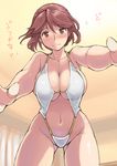  breasts brown_eyes brown_hair cleavage highleg highleg_swimsuit large_breasts older outstretched_arms rozen_maiden short_hair slingshot_swimsuit smile solo souseiseki swimsuit translated tsuda_nanafushi 