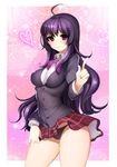  1boy ahoge black_panties blush breast_padding bulge crossdressing heart kazutani_ninshi long_hair original panties puffy_chest purple_eyes purple_hair school_uniform skirt smile standing trap underwear wadani_hitonori 