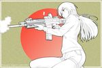  assault_rifle bushmaster_acr doku_hebi expressionless firing flag_background gun hood hood_down hoodie japanese_flag long_hair monochrome original ponytail red_sun rifle shorts solo squatting weapon 