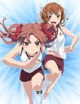  2girls :&lt; bare_shoulders blush bow brown_eyes brown_hair gym_uniform hair_bow hair_ornament hairclip highres long_hair long_legs midriff misaka_mikoto multiple_girls navel open_mouth red_eyes running shirai_kuroko short_hair shorts sleeveless smile_(rz) three-legged_race to_aru_kagaku_no_railgun to_aru_majutsu_no_index twintails 