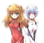  ayanami_rei bad_id bad_pixiv_id blonde_hair blue_eyes bodysuit breasts brown_hair hair_ornament highres koge_donbo long_hair looking_at_viewer medium_breasts multiple_girls neon_genesis_evangelion plugsuit purple_eyes shikinami_asuka_langley short_hair smile souryuu_asuka_langley v_arms white_bodysuit 