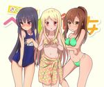  2girls akasaka_ryuunosuke aoyama_nanami bikini black_hair blonde_hair blush breast_hold breasts brown_hair chestnut_mouth highres hips medium_breasts midriff multicolored multicolored_sarong multiple_girls navel o3o one-piece_swimsuit otoko_no_ko print_sarong red_eyes sakura-sou_no_pet_na_kanojo sarong school_swimsuit shiina_mashiro side-tie_bikini swimsuit yellow_eyes 