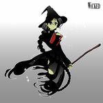  bad_id bad_pixiv_id black_hair blue_eyes book braid broom cropped_legs dress elphaba_thropp glasses green_skin hat long_hair magic osomatsu_(nanameno) single_braid the_wizard_of_oz very_long_hair wicked wicked_witch witch witch_hat 