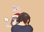  1girl ? blush brown_eyes brown_hair christmas hat hug kyon nagato_yuki pine purple_hair santa_costume santa_hat short_hair suzumiya_haruhi_no_yuuutsu 