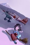  a5m aircraft airplane bamboo_broom black_hair broom broom_riding drop_tank flying inui_(jt1116) japanese_clothes miko mount_fuji open_mouth original sandals sheath sheathed sidesaddle smile sword weapon 