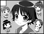  :3 :d black_border blush border cardigan chibi chibi_inset circle_cut greyscale hair_ornament hairclip hanawa_kaoru lowres miyoshi_chihiro mizuki_gyokuran momoneko-sama monochrome multiple_girls musical_note o3o okazaki_norie open_cardigan open_clothes open_mouth ponytail sakurada_maon sawatari_fuu school_uniform serafuku skirt smile solid_circle_eyes tamayura whistling 