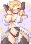  armpits arms_up babydoll bad_id bad_pixiv_id black_panties blonde_hair blush breasts collar covered_nipples drill_hair elbow_gloves garter_belt gloves highleg highleg_panties highres huge_breasts kinokoutarou lingerie mahou_shoujo_madoka_magica one_eye_closed panties smile solo tomoe_mami twin_drills twintails underwear yellow_eyes 
