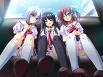  3girls ahoge black_hair blue_eyes blush eyes_closed game_cg goshujinsama_daisuki hair_ornament hairclip kuu_spitfire long_hair multiple_girls murakumo_sakura necktie pink_eyes shishiouin_hime short_hair silver_hair sitting wince yatsuha_kanan yellow_eyes 