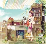 1girl apple apron basket black_hair bottle bow bowtie bucket cabinet calendar_(object) chair cup drinking flower food formal fruit full_body geta glasses hair_flower hair_ornament hair_up hairband hand_pump hat japanese_clothes kettle kimono leaf matsuo_hiromi original overgrown pipes plant plate potted_plant purple_eyes sandals saucer ship_in_a_bottle short_hair sitting standing suit table tea_set teacup teapot tiles towel yagasuri 