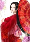  black_hair boa_hancock earrings flower furisode japanese_clothes jewelry kageco kimono long_hair looking_at_viewer new_year obi one_piece oriental_umbrella pale_skin sash snake_earrings solo umbrella very_long_hair 