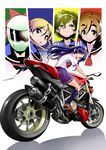  amano_onsa bakuon!! bell black_hair blonde_hair blue_eyes blue_hair bow brown_eyes brown_hair column_lineup curly_hair glasses green_eyes ground_vehicle hair_bell hair_ornament hair_ribbon hairband helmet highres kawasaki_raimu lens_flare long_hair minowa_hijiri motor_vehicle motorcycle multiple_girls orimoto_mimana ribbon riding sakura_hane school_uniform serafuku short_hair skirt smile socks suzunoki_rin 