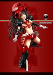  belt belt_buckle black_hair breasts buckle commentary_request elbow_gloves ferrari formula_one gloves green_eyes head_tilt highleg_shorts highres leg_up legs long_hair mecha_musume navel personification pigeon-capsule red red_background red_belt red_legwear red_shorts revealing_clothes short_shorts shorts solo thighhighs underboob wheel 