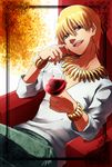  alcohol blonde_hair bracelet chair cup drinking_glass easy_chair fate/zero fate_(series) gilgamesh jewelry male_focus necklace red_eyes ruchi solo wine wine_glass 