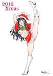  1girl blue_eyes blue_hair blush boots breasts censored christmas female full_body gloves hat high_heel_boots high_heels jinjin leg_lift long_hair looking_at_viewer medium_breasts no_panties open_mouth pussy ribbon santa_claus santa_costume santa_hat signature skirt solo standing_on_one_leg thighs wavy_hair white_background 