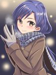  blue_hair blush breath brown_eyes coat dan_(orange_train) gloves hands_together idolmaster idolmaster_(classic) kisaragi_chihaya lights long_hair looking_at_viewer own_hands_together scarf smile solo steepled_fingers toggles 