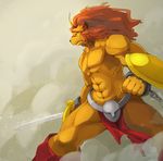  biceps big_muscles clothed clothing feline fur half-dressed leo_(red_earth) lion loincloth male mammal muscles nipples pecs red_earth scar solo sword topless unknown_artist weapon 