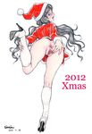  1girl anus ass blue_eyes blush boots bottomless bow censored christmas female full_body glasses grey_hair hair_bow hair_ornament hairclip hat high_heel_boots high_heels jinjin kneepits leg_lift long_hair looking_at_viewer no_panties open_mouth pussy santa_claus santa_costume santa_hat signature skirt solo spread_pussy sweat thighs wavy_hair white_background 