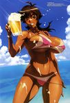  1girl alcohol amaha_masane beach beer beer_mug bikini breasts dark_skin eyebrows highres huge_breasts masane_amaha milf ocean official_art smile swimsuit tan tanline witchblade 