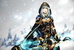  armor armored_dress arrow ashe_(league_of_legends) bow bow_(weapon) brooch cape cowboy_shot emerald fir_tree gem hannah_santos hood hoodie jewelry league_of_legends looking_at_viewer motion_blur plant signature snow snowstorm solo standing tree watermark weapon white_hair 