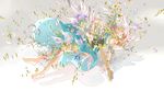  abstract arakawa_(aintnoroom) barefoot blonde_hair blue_dress breaking dress falling feathers flower gem gradient gradient_background grey_background guitar highres infinity instrument jewelry original overgrown planet plant ring shadow simple_background solo tongue tongue_out utau vines what white_background 