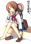  adjusting_clothes adjusting_shoe bag barefoot bike_shorts blush brown_eyes brown_hair dressing food food_in_mouth guitar_case hair_ornament hairclip hanabana_tsubomi instrument_case late_for_school loafers looking_at_viewer misaki_erimo mouth_hold no_socks school_bag school_briefcase school_uniform seishun_konbu serafuku shoe_removed shoes short_hair shorts shorts_under_skirt single_shoe sitting skirt solo sweatdrop toast toast_in_mouth 