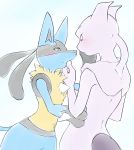  2018 anthro anthro_on_anthro black_fur blue_fur blush canine caress creambake duo eye_contact fur half-closed_eyes hand_on_face invalid_tag legendary_pok&eacute;mon lucario mammal mewtwo nintendo pok&eacute;mon pok&eacute;mon_(species) purple_skin simple_background smile video_games white_background white_skin yellow_fur 