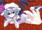  bat_wings blue_hair bottomless flat_chest garter_straps hat lingerie lying nail_polish nipples pale_skin red_eyes remilia_scarlet short_hair smile solo thighhighs touhou underwear white_legwear wings yukarigawa_yumiya 